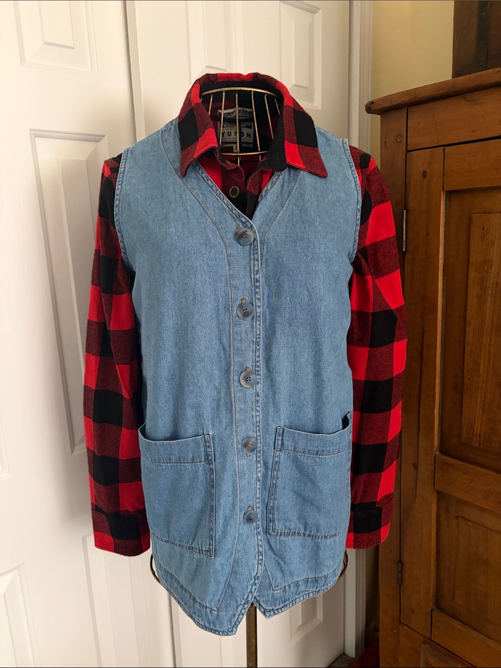 VINTAGE Long Line Denim Button Down Vest Made in USA